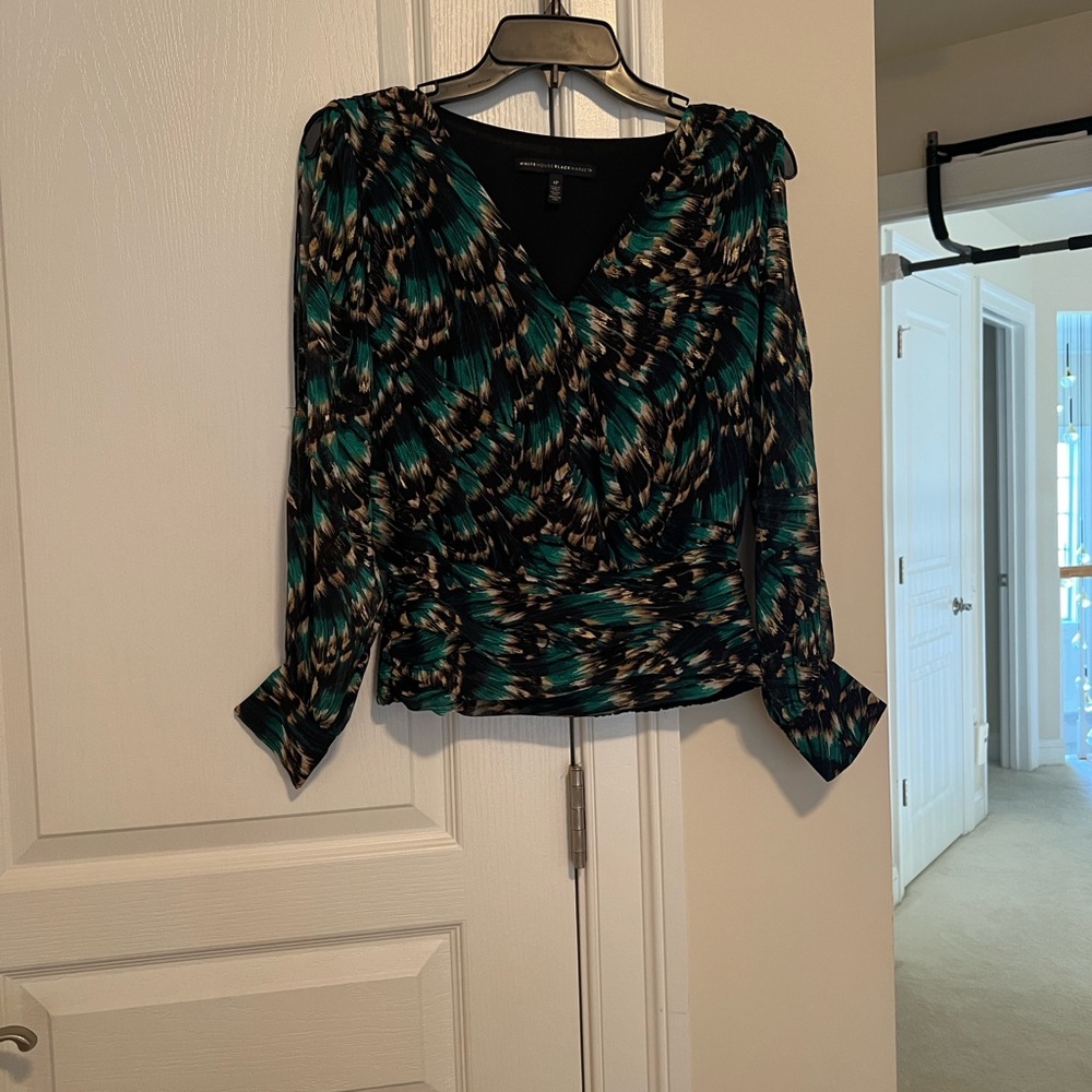 White House Black Market Patterned Blouse in Black and Teal with cuffed sleeves